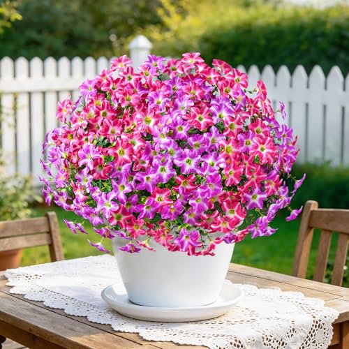 MARTINE MALL 12 Bundles Look Real Artificial Flowers for Outdoors, Realistic Fake Outdoor Flowers, UV Resistant Silk Petunia Flowers for Outside Faux Flowers for Outdoor Garden, Fuchsia & Rose Red - color: Mixed Fuchsia & Rose Red, size: 12 Bundles