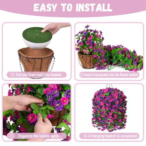 INXUGAO Artificial Flowers with Hanging Basket, Outdoor Faux Plants Silk Morning Glory Vines, Fake Green Arrangement for Garden Patio Spring Summer Decor(4pcs,Purple Red Violet) - color: Purple Red Violet