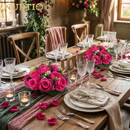 NUPTIO Flower Ball for Table Centerpieces: Hot Pink Artificial Rose Kissing Balls for Wedding Party Valentine Tables - 2 Pcs Faux Silk Floral Arrangements for Home Dining Event Decorations - color: Hot Pink, size: 2 Pcs
