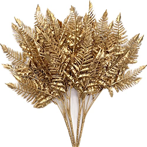 CATTREE Artificial Plants Christmas Decoration, Plastic Golden Boston Plant Fake Simulation Fern Leaves for Wedding Bridal Bouquet Party Indoor DIY Home Office Table Centerpieces Decor - Gold 4 Pack - color: Gold Boston Grass -4 Pcs