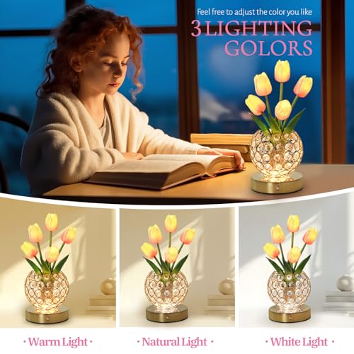 Tulip Table Lamp, Rechargeable Cordless Crystal Night Light, 3 Colors Touch Stepless Dimming Artificial Flower Light, LED Flower Bedside Lamp Romantic Gifts for Girl Women Mom (Tulip2 - Pink) - color: Tulip2 - Pink