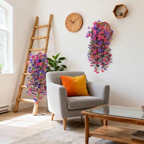 Artificial Hanging Flowers Plants for Outdoor Spring Summer Decoration, 2PCS Faux Silk Morning glory UV Resistant Look Real for Outside Home Indoor Planter Porch Garden Yard Decor(Deep Purple Red) - color: Deep Purple Red
