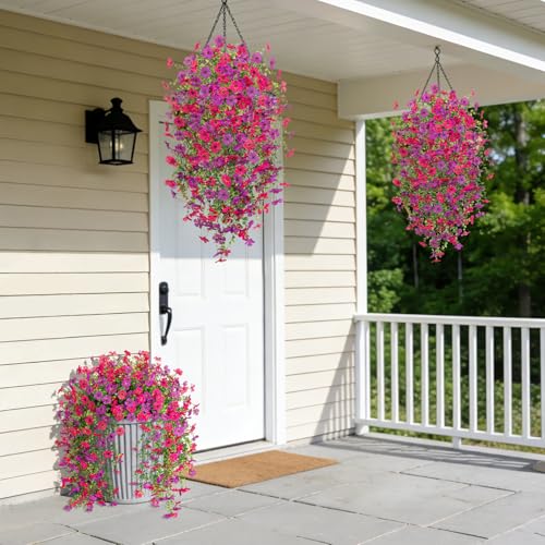 Fake Artificial Hanging Flowers for Outdoors Decoration, 2 PCS Faux UV Resistant Artificial Outdoor Flowers, Fake Plants Look Real Daisy No Fade Spring Decor for Porch Home Patio Balcony and Yard - color: Hanging Flower (Rose Red and Purple)