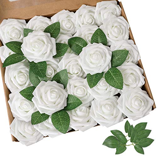 AmyHomie Artificial Flower White Rose 25pcs Real Looking Fake Roses w/Stem for DIY Wedding Bouquets Centerpieces Arrangements Party Baby Shower Valentines Day Christmas Tree Decorations - color: White