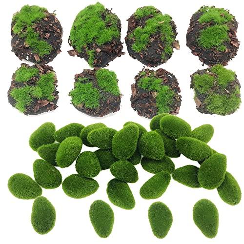Woohome 38 PCS Faux Moss Stones Artificial Moss Rocks Decorative, 30 PCS Faux Green Moss Covered Stones und 8 PCS Sawdust Moss Decor for Fairy Gardens, Floral Arrangements, Crafting - color: 38 Pcs Sawdust-a
