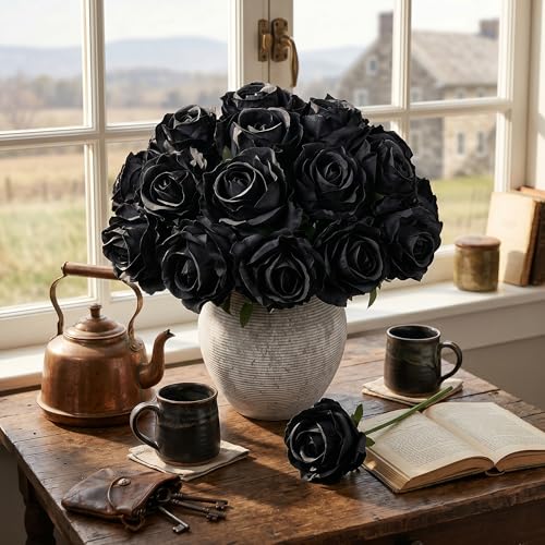 Ivydale 18pcs Black Roses Artificial Flowers, Fake Roses Silk Flowers with Stems Realistic Bouquet for Valentine's Day Wedding Party Home Decoration DIY Centerpiece Floral Romantic Gifts - color: Rose-black