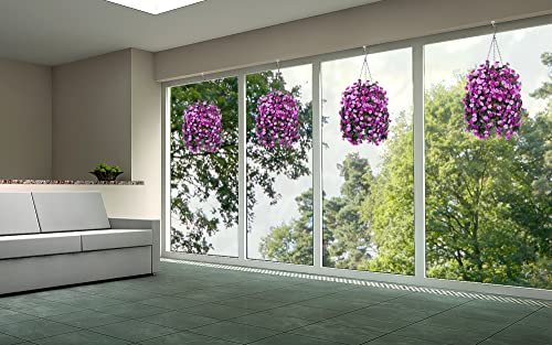 Ammyoo Artificial Flowers in Hanging Basket for Outdoors Spring Decor, Fake Mums Flowers Faux Plants with Basket for Indoors Home Porch Garden Yard Patio Decoration (Purple Pink) - color: Purple Pink