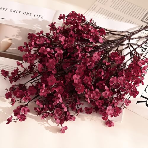 Waipfaru 6Pcs Fake Flowers Babys Breath Silk Artificial Flowers Gypsophila Bouquets Bulk Real Touch Fall Stems for Fall Thanksgiving Decor Autumn DIY Floral Arrangement Table Centerpieces, Wine Red - color: Burgundy, size: 6pcs