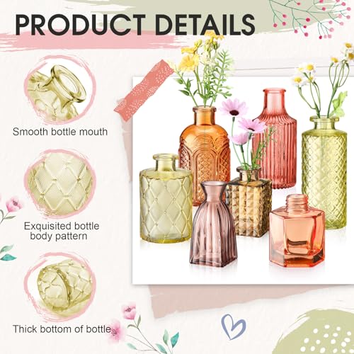 Yaomiao 30 Pcs Vases Bulk Colored Flower Glass Bud Vases Valentine Vintage Colored Glass Bottles Colorful Rustic Embossed for Home Wedding Table Decorations Gifts(Orange Yellow Series) - color: Orange Yellow Series
