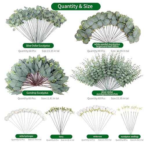 260 Pcs Mixed Eucalyptus Leaves Stems 8 Kinds Artificial Bulk Fake Silver Dollar Eucalyptus Bundle Faux Plants Greenery for DIY Wedding Vase Bouquets Floral Arrangement Engagement Decor （Green） - color: Green - 260 Artificial Green Plants (8 Styles)