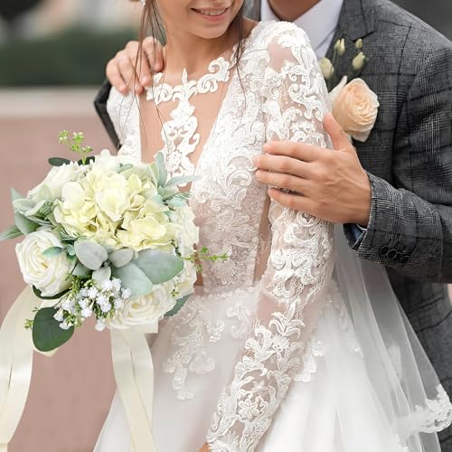 Wedding Bouquets for Bride Bridesmaid 8.5 Inch Ivory White Artificial Roses Flowers Bridal Bouquets for Bride Wedding Marriage Proposal Party Church Decoration - color: Ivory White