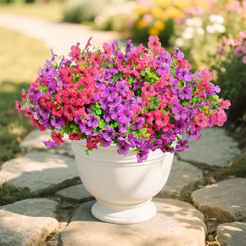 Artificial Flowers for Outdoors, 12 Bundles Outdoor Faux Plants,Uv Resistant Artificial Fake Flowers Plants, Realistic Spring Decor for Porch, Patio, Yard (LightRedPurple) - color: Lightredpurple