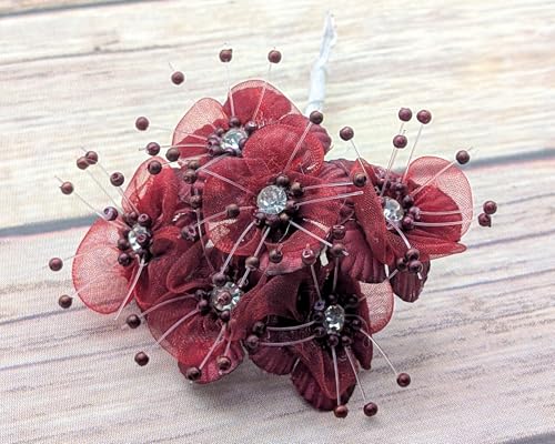 72PC Artificial Organza Flower Rhinestone Pick for Home Craft Decor DIY Wedding Bridal Veil Headband Dress Cake Topper Embellishment Scrapbook Favor Corsage Floral Bouquet Arrangement (Burgundy) - color: Burgundy