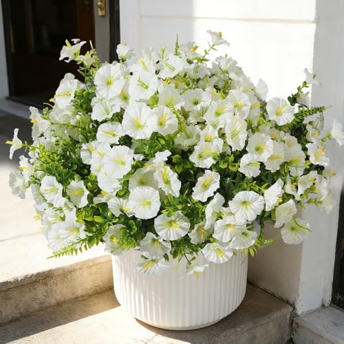Artificial Morning Glory UV Resistant 36 pcs White Spring Artificial Flowers Outdoors, Realistic Faux Silk Morning Glory Fake Morning Glory Plants for Garden Porch Planters Window Wedding Decor - color: White（with Green Ferns）, size: 36 pcs