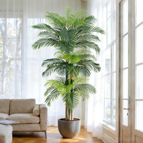 8.5ft Artificial Golden Cane Palm Tree - Large Triple Fake Palm Tree in Pot for Indoor/Outdoor, Patio, Pool, Big House, Office, Backyard, Home Decor - Green, Extra Tall - size: 8ft 6in