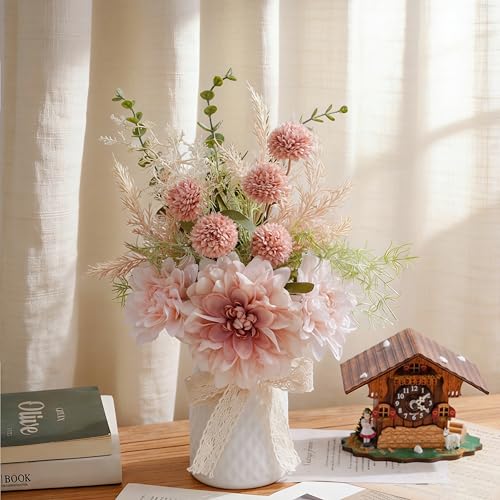 LUEUR Artificial Flowers with Ceramic Vase Centerpieces – Spring Silk Pink Flower Arrangement for Coffee Table Decor, Faux Flower Bouquet for Home Indoor Decoration, Bathroom, Dining Room, Kitchen - color: Pink