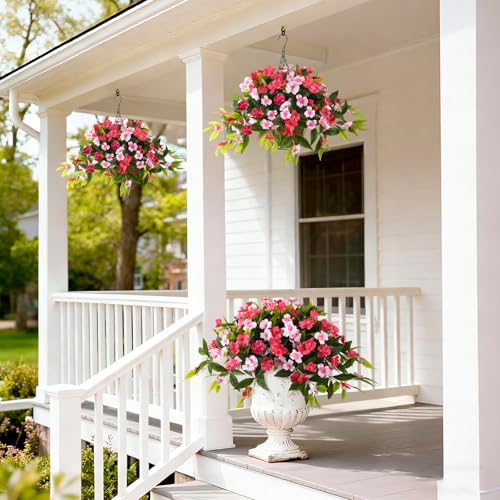 Hommyea Artificial Flowers for Outdoor, 2 Bundles UV Resistant Fake Plants Decoration Realistic Faux Silk Flowers No Fade Plastic Flowers for Outside Planters Home Porch Patio Yard Garden Decor - color: Rose Pink