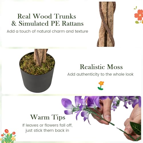 Goplus 5.5FT Ficus Artificial Tree, Faux Wisteria Tree in Nursery Pot with Blooming Flowers, Fake Potted Tree Greenery Floor Plant for Indoor Home Office Porch Living Room Decor - color: Purple, size: 5.5ft