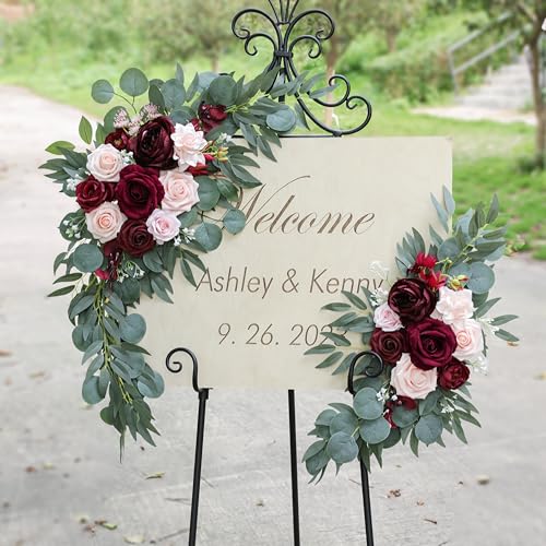 ponatia Wedding Arch Flowers (Pack of 2), Artificial Burgundy Wedding Flowers for Wedding Welcome Signs Decorations and Arch Flower for Wedding Ceremony Reception (Burgundy & Blush) - color: Burgundy & Blush