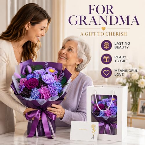Preserved Purple Rose Bouquet, 100% Real Flowers for Women Mother Wife, Long-Lasting Eternal Roses with Gift Box, Forever Flowers for Anniversary Birthday Mother's Day, Lasts 3-5 Years - color: Deep Purple