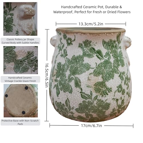 Vintage Green and White Ceramic Floral Vase Planter, Rustic Crackle Glaze Pottery Jar, Hand-Painted Floral Pot Design for Flowers or Plants, Farmhouse & Cottage Home Decor Accent - size: Large - Belly Jar without Drainage Hole