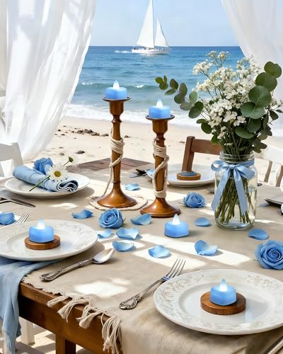 Amagic 2000 Pieces Light Blue Artificial Rose Petals with 24 Light Blue LED Tea Lights, Rose Petals and Candles Set for Proposal, Anniversary, Romantic Night, Wedding Decor - color: 24 Pcs Light Blue Candles + 2000 Pcs Light Blue Petals