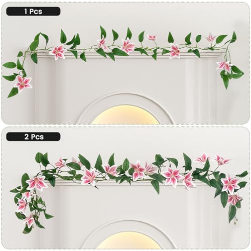 SNAIL GARDEN 2 Pack（14.6ft ） Fake Lilies Flower Vines, Pink Vines Lilies Flowers with 16 Heads, Flower Vines for Decoration ，Fake Flower Vines for Home, Garden, Table Centerpiece, DIY Wreath