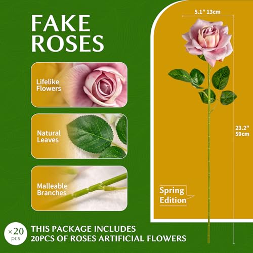 Artificial Flowers Artificial Roses Fake Roses 23.2In 20PCS Long Stem Artificial Flowers for Tall Vase Silk Rose Suitable for Indoor Wedding Party Decor Valentine's Day DIY Bouquet Spring,Pink - color: Pink