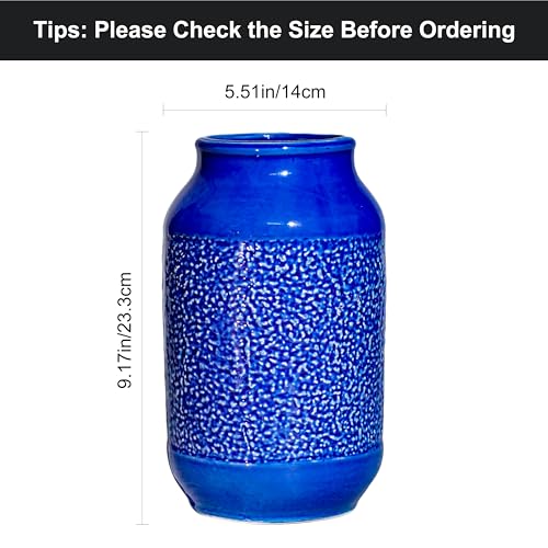 Blue Ceramic Flower Vase - 9 Inch Decorative Vase for Pampas Grass, Modern Texture Vase for Decor, Fireplace, Bathroom, Table, Shelf, Living Room, Kitchen Decor - color: Modern Blue