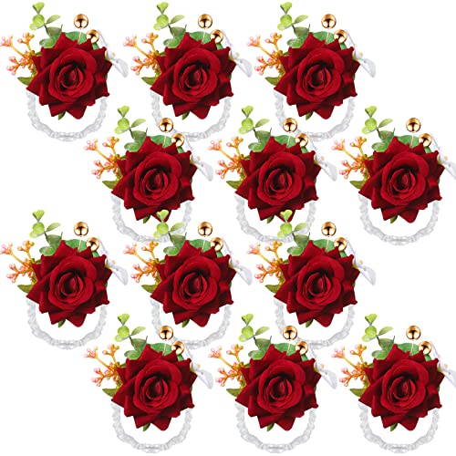 Sherr Wine Red Set of 12 Rose Wrist Corsages for Wedding Corsage Flower Wristlet Floral Wedding Wrist Bridal Rose Leaf Hand Flowers for Bride Bridesmaid Prom Engagement Festival - color: Wine Red