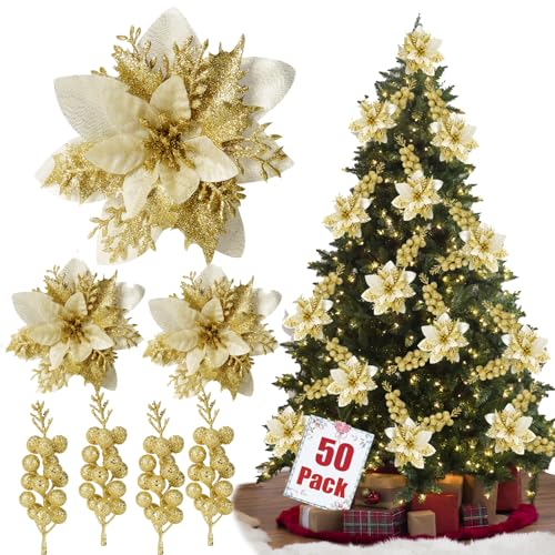 trytuny 50pcs Glitter Poinsettia Christmas Ornaments, Artificial Flowers with Clips Stems for DIY Wreath Making, Holiday Home Party Decorations, Indoor Use (Gold) - color: Gold