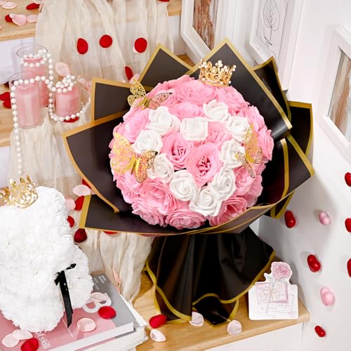 36+20 Glitter Roses Bouquet, DIY Fake Flowers Bouquet, Craft the Initials of Your Loves' Name with Artificial Rose Bouquet for Valentines, Anniversary, Wedding, Mothers Day Gifts, Pink & White - color: Pink & White