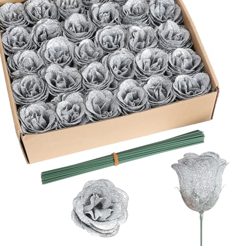 Glitter Roses Bouquet,30PCS Silver Roses Fake Roses Artificial Flowers for Wedding Bouquet Party Christmas Home Decor(Silver) - color: Silver