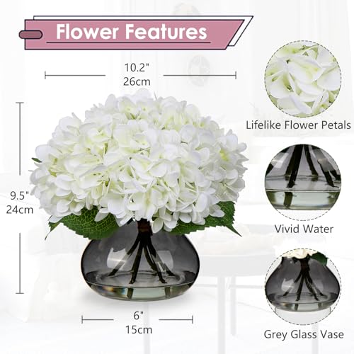 Hollyone Hydrangea Artificial Flowers with Glass Vase White Silk Faux Flowers Arrangements with Faux Water Fake Floral Bulk Bouquet for Home Decor Table Centerpiece Decorations - color: Hydrangea, White and Black