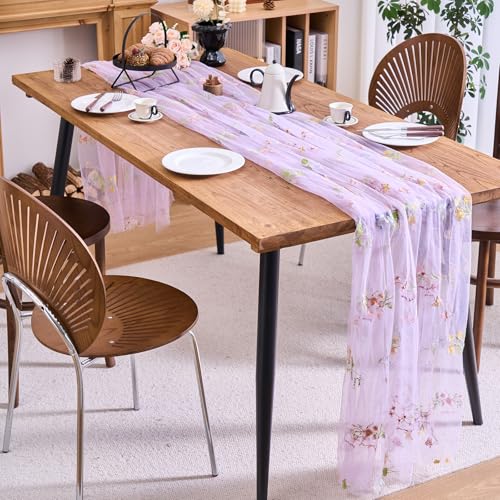 vctops 2 Packs Embroidery Lace Fall Table Runner 10ft Floral Garden Seasonal Tulle Table Runner Holiday Kitchen Dining Table Decoration for Wedding Party Baby Shower Birthday (Purple,30"x120") - color: Purple