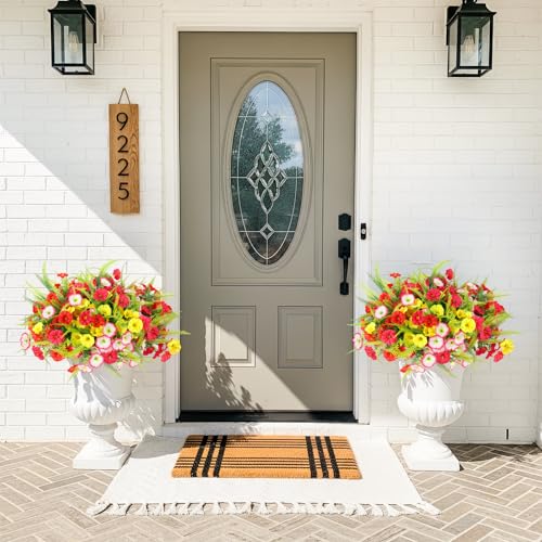 Outdoor Flowers UV Resistant Artificial Flowers 12 Bundles Artificial Petunias Fake Flowers Shrubs Plants with Fern for Indoor Outside Hanging Planters Home Garden Spring Summer Decorations - color: Red, Rose Red, Pink, Yellow