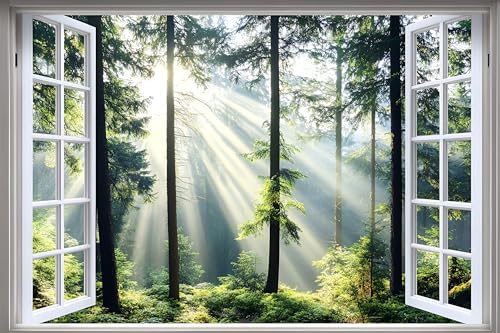 AMAZING WALL Morning Forest Sunlight View Peel and Stick 3D Fake Window Stickers,Self-Adhesive Nature Decals Wall Murals for Home Decor,24x36in/2PCS - color: Forest Sunlight, size: 24x36"/2pcs