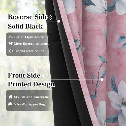 MYSKY HOME Pink Floral 95% Blackout Curtains 72 Inches Long 2 Panels Set Thermal Insulated Black Out Flower Pattern Printed Drapes Grommet Top for Living Room Bedroom, 52" W Each Panel - color: Pink, size: 52"W x 72"L (Pack of 2)