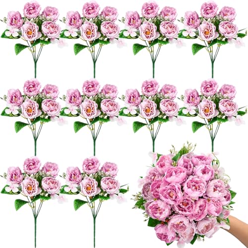 Olgaa 12 Bundles Peonies Artificial Flowers Fake Peony Bouquet Faux Peonies Flowers Bulk with Stems Flower Balls for Centerpiece Table Decorations Wedding Bridal Floral Arrangement (Purple Pink) - color: Purple Pink