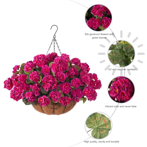 INSPRING Geraniums Artificial Flowers Hanging Basket for Outdoors Outside Spring Decoration, 8 Bundles Silk Flowers Fake Plants Look Real UV Resistant for Porch Home Patio Balcony Yard, Fuchsia - color: Fuchsia
