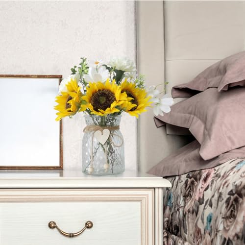 Artificial Sunflower Bouquets in Vase with a Flower Arrangement Holder - Centerpieces for Dining Room & Coffee Table Decor - color: White-yellow