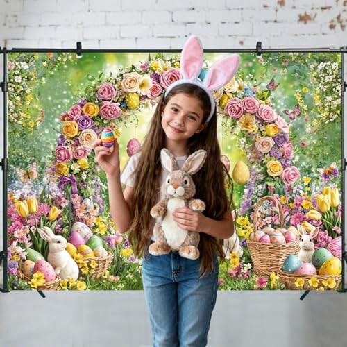Spring Happy Easter Backdrop, Enchanted Forest Colorful Eggs Rabbit Bunny Floral Butterfly Photography Background, Fairy Tale Wonderland Garden Party Decorations Banner Photo Booth Studio Props 5X3FT - color: Purple and Green, size: 5X3FT