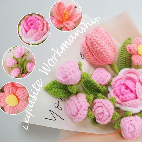 Handmade Crochet Flowers Bouquet, Pink Knitted Flower,Rose Tulip Daisy | Handcrafted artwork.Healing Gifts for Women.Home decor never fades bouquet ,Valentine's Day,Mother's Day, Birthday Gifts - color: Pink - Roses Tulip
