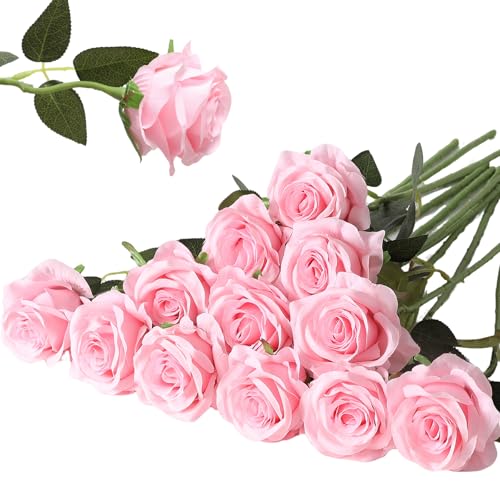 Hawesome 12PCS Artificial Silk Flowers Realistic Roses Bouquet Long Stem for Home Wedding Decoration Party (Pink, 12Pcs Flowers) - color: Pink, size: 12Pcs Flowers