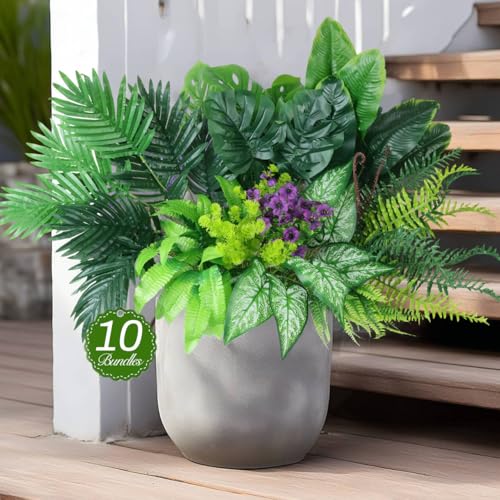 Tall Artificial Greenery Plants Outdoor Faux Shrubs Ferns UV Resistant,Fake Monstera Bird of Paradise Palm Boston Fern,10Bundle Lifelike Artificial Flowers Grass for Window Box Fillers,Porch,Garden - color: Green
