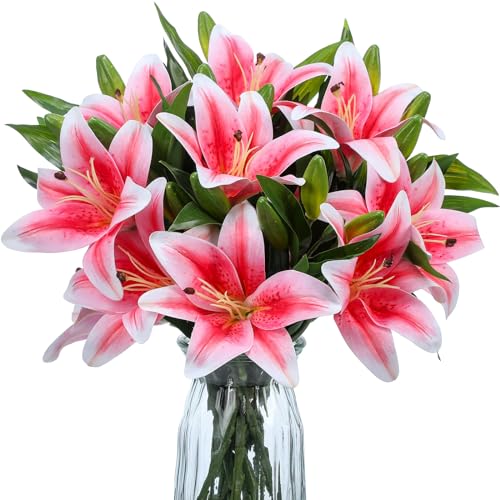 XunYee 16 Pcs Artificial Tiger Lily Flowers Lifelike Touch Lily Latex Lilies Flowers Artificial Bouquet Faux Latex with Rods for Summer Home Decoration Birthday(Pink and Green) - color: Pink and Green
