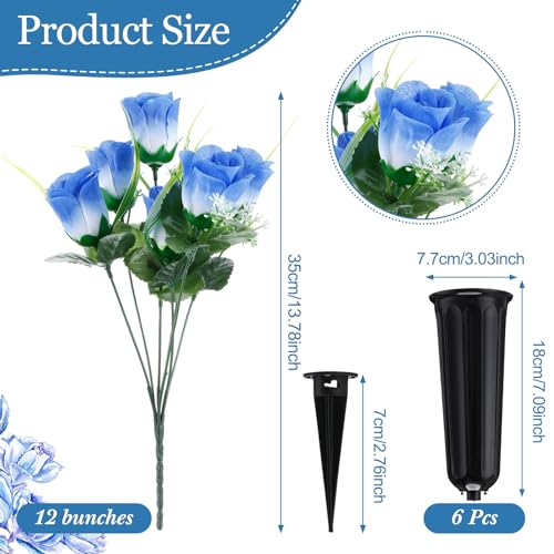 Tigeen 6 Sets Father's Day Cemetery Flowers with Grave Vase 12 Bunches Artificial Rose Memorial Bouquet 84 Heads Fake Silk Flower for Dad Gravesite Graveside Decor(Blue) - color: Blue