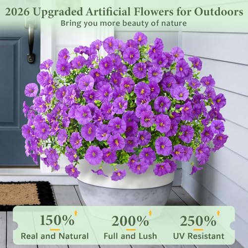 Yastouay Artificial Flowers for Outdoors, 26 Bundles Fake Outdoor Flowers, UV Resistant Artificial Plants & Flowers for Decoration, Purple Realistic Morning Glory for Outdoor Porch Garden Decoration - color: Purple, size: 26 Bundles