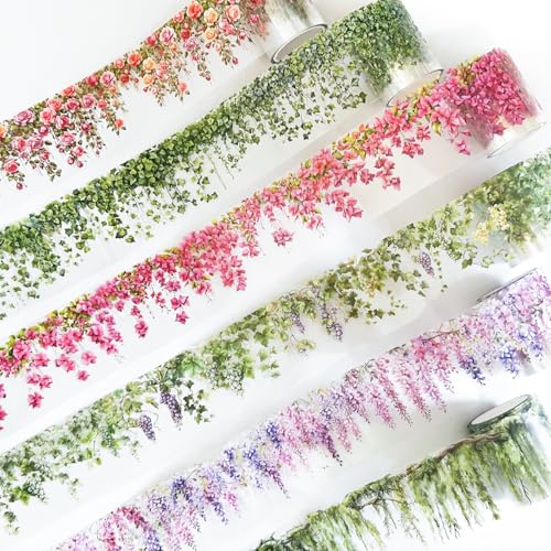PET Tape Stickers for Journaling 6 Rolls Flower Washi Tape Stickers Decorative Tape for Crafts Scrapbooking Junk Journal Supplies, Flower Vine - color: Flower Vine