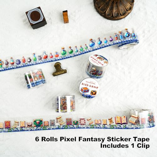 Pixel Adventure PET Tape Set with Clip, 6 Rolls Medieval Castle Potion Fantasy Decorative Tape for Scrapbook Journal Planner Collage DIY - color: Adventure Game